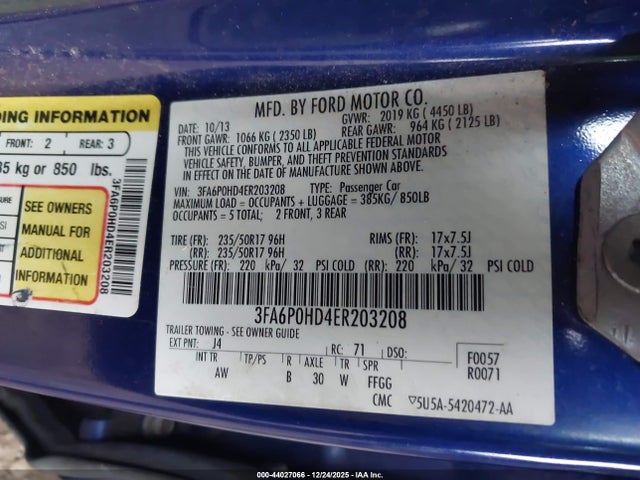 Ford FUSION SE 2014 3FA6P0HD4ER203208 Image 9