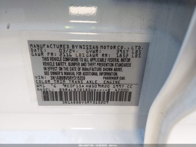 3N1AB8BV5RY315209 Nissan Sentra S Xtronic Cvt