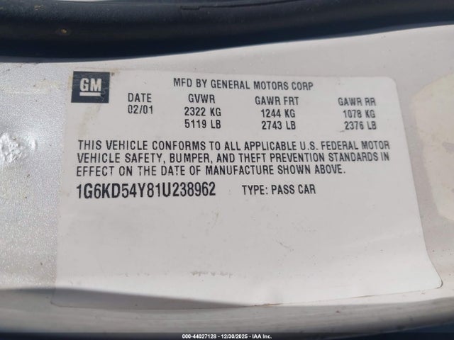 2001 CADILLAC DEVILLE 1G6KD54Y81U238962 Photo 8