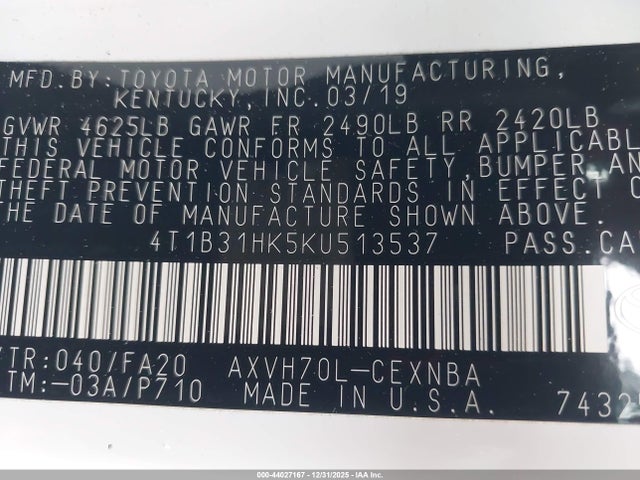 4T1B31HK5KU513537 Toyota Camry Hybrid Le