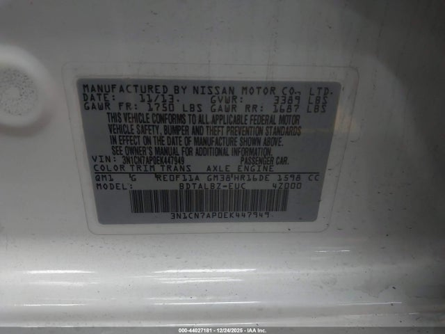 3N1CN7AP0EK447949 Nissan Versa 1.6 Sv