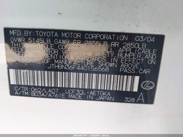 2004 LEXUS LS 430 JTHBN36F440156568 Photo 8