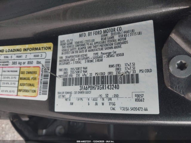 44027231 :رقم المزاد ، 3FA6P0H7XGR143240 vin ، 2016 Ford Fusion Se مزاد بيع