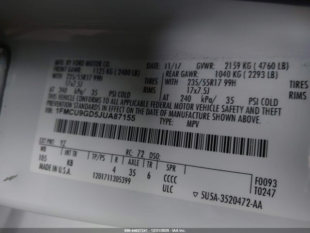 1FMCU9GD5JUA87155 Ford ESCAPE SE