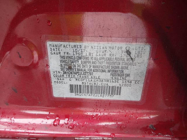 3N1CN7AP2JL827797 Nissan Versa 1.6 Sv