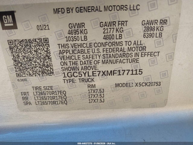 1GC5YLE7XMF177115 Chevrolet Silverado 2500hd 4wd Standard Bed Wt