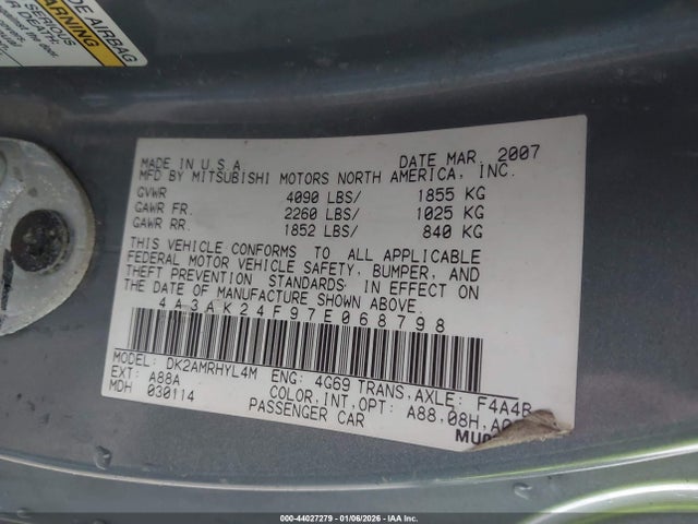2007 MITSUBISHI ECLIPSE 4A3AK24F97E068798 Photo 8