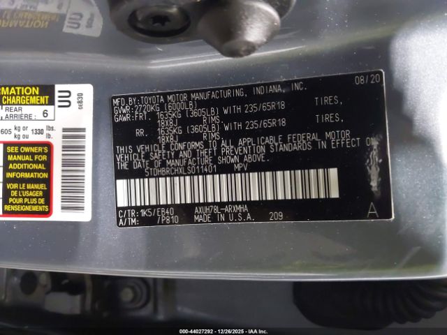 2020 TOYOTA HIGHLANDER 5TDHBRCHXLS011401 Photo 8