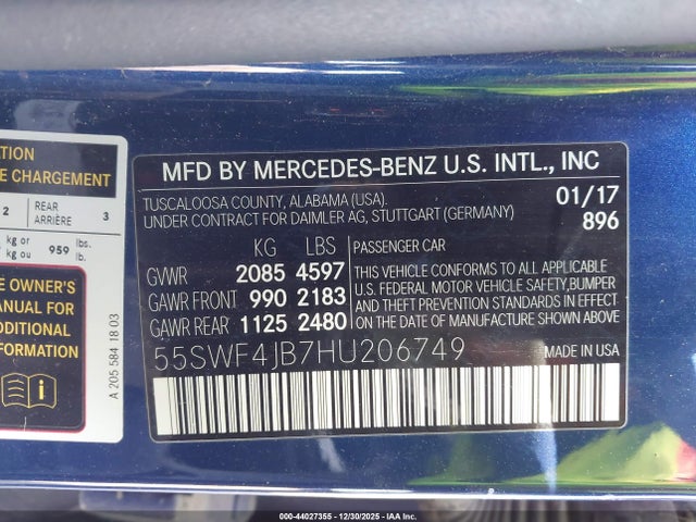 2017 Mercedes-benz C 300 მანქანა იყიდება აუქციონზე, vin: 55SWF4JB7HU206749, აუქციონის ნომერი: 44027355