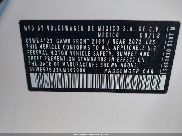 3VWE57BU2KM107080 Volkswagen Jetta 1.4t Sel