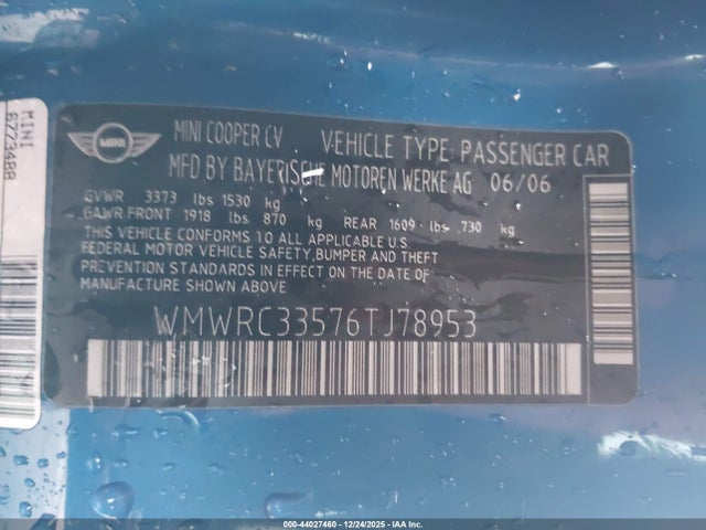2006 MINI COOPER WMWRC33576TJ78953 Photo 8