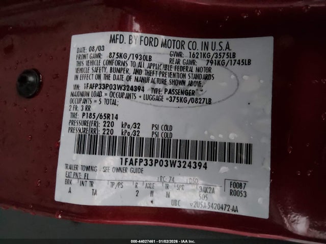 2003 FORD FOCUS 1FAFP33P03W324394 Photo 8