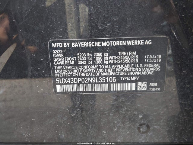 Aukcja sprzedaży 2022 Bmw X3 Sdrive30i, vin: 5UX43DP02N9L35106, numer aukcji: 44027484