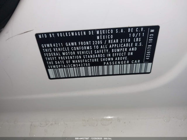 Продаж на аукціоні авто 2012 Volkswagen Jetta 2.5l Se, vin: 3VWDP7AJ3CM342750, номер лоту: 44027587