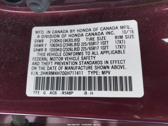 2HKRM4H70GH711411 Honda Cr-v Ex-l