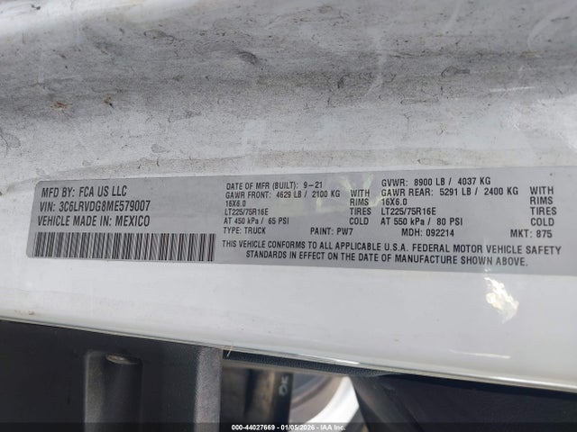 Продаж на аукціоні авто 2021 Ram Promaster 2500 High Roof 159 Wb, vin: 3C6LRVDG8ME579007, номер лоту: 44027669