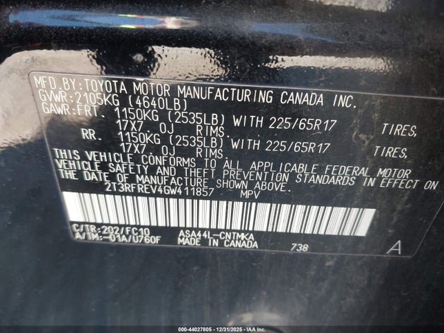 2T3RFREV4GW411857 Toyota Rav4 Xle