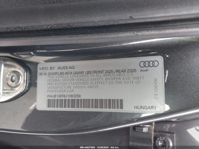 Продаж на аукціоні авто 2018 Audi S3 2.0t Premium Plus/2.0t Tech Premium Plus, vin: WAUB1GFF8J1083258, номер лоту: 44027885