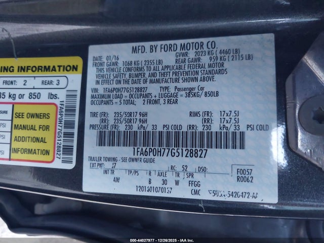 2016 Ford Fusion Se მანქანა იყიდება აუქციონზე, vin: 1FA6P0H77G5128827, აუქციონის ნომერი: 44027977