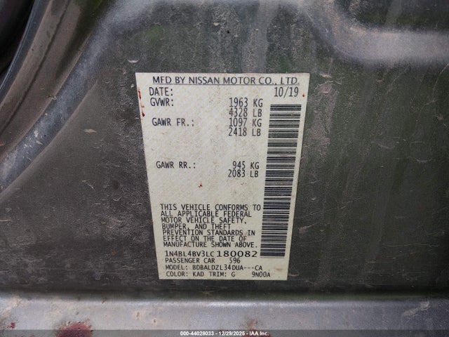 44028033 :رقم المزاد ، 1N4BL4BV3LC180082 vin ، 2020 Nissan Altima S Fwd مزاد بيع