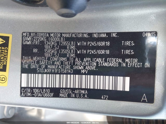 5TDJKRFH1FS158143 Toyota Highlander Xle V6