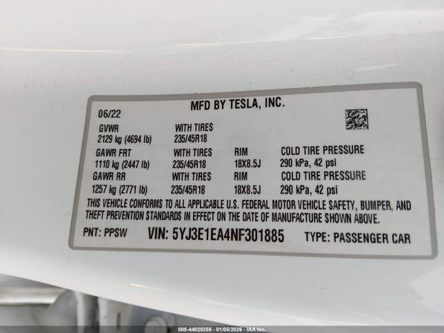 2022 TESLA MODEL 3 5YJ3E1EA4NF301885 Photo 8