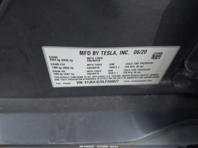Tesla MODEL S 2020 5YJSA1E20LF399827 Image 9