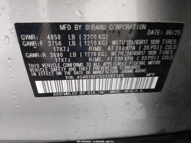 Aukcja sprzedaży 2025 Subaru Outback Premium, vin: 4S4BTAFC5S3282169, numer aukcji: 44028424