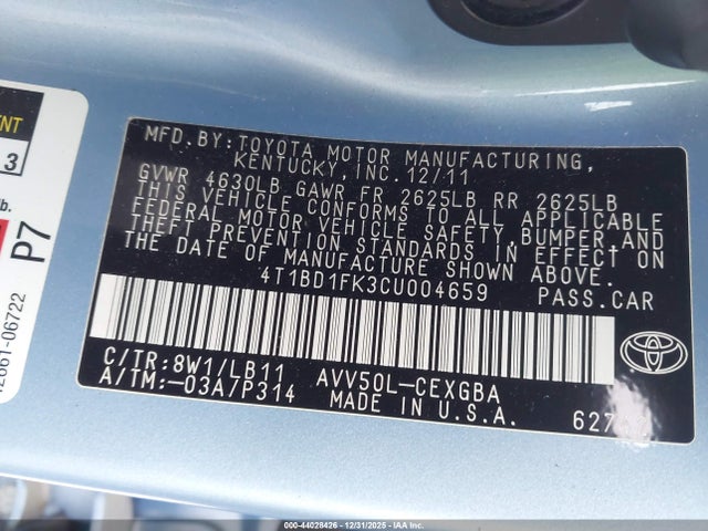 44028426 :رقم المزاد ، 4T1BD1FK3CU004659 vin ، 2012 Toyota Camry Hybrid Xle مزاد بيع