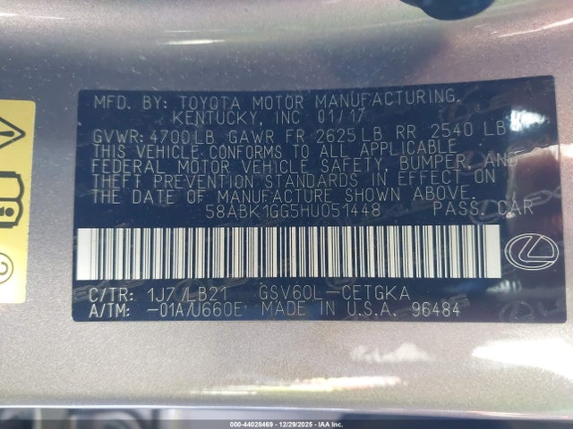 2017 Lexus Es 350 მანქანა იყიდება აუქციონზე, vin: 58ABK1GG5HU051448, აუქციონის ნომერი: 44028469