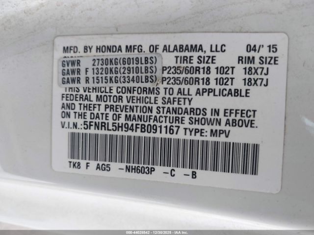 2015 HONDA ODYSSEY 5FNRL5H94FB091167 Photo 8