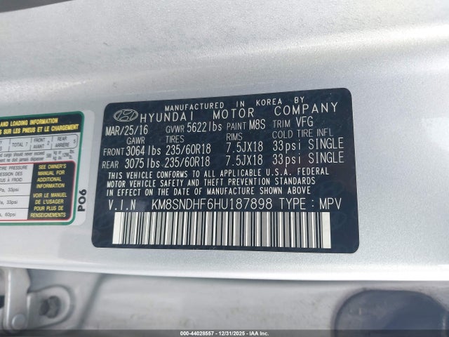 KM8SNDHF6HU187898 Hyundai Santa Fe Se