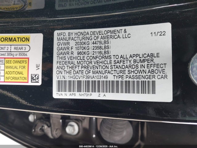 1HGCV1F39NA103149 Honda Accord Sport