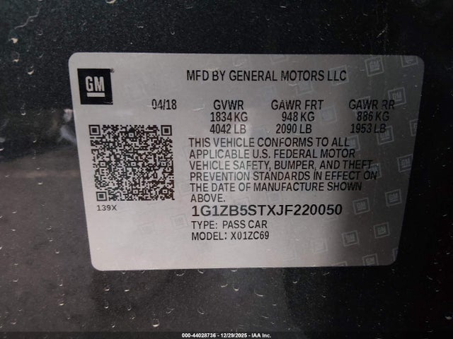 Aukcja sprzedaży 2018 Chevrolet Malibu 1ls, vin: 1G1ZB5STXJF220050, numer aukcji: 44028736