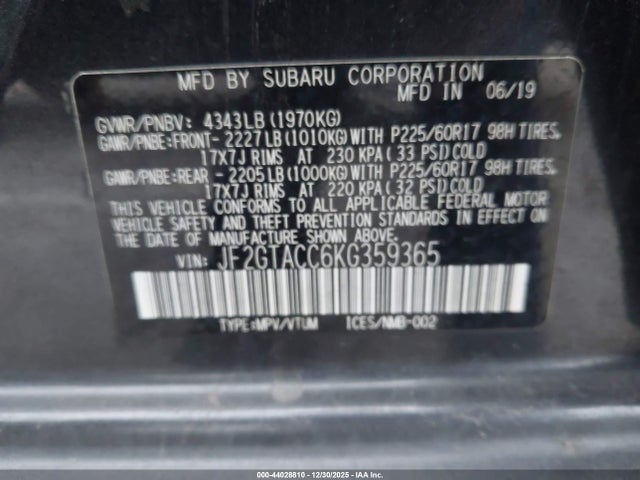 JF2GTACC6KG359365 Subaru Crosstrek 2.0i Premium