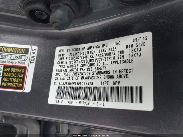 Продажа на аукционе авто 2015 Honda Cr-v Touring, vin: 5J6RM4H93FL123928, номер лота: 44028817