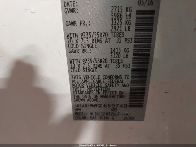5N1AR2MM9GC659749 Nissan Pathfinder Platinum