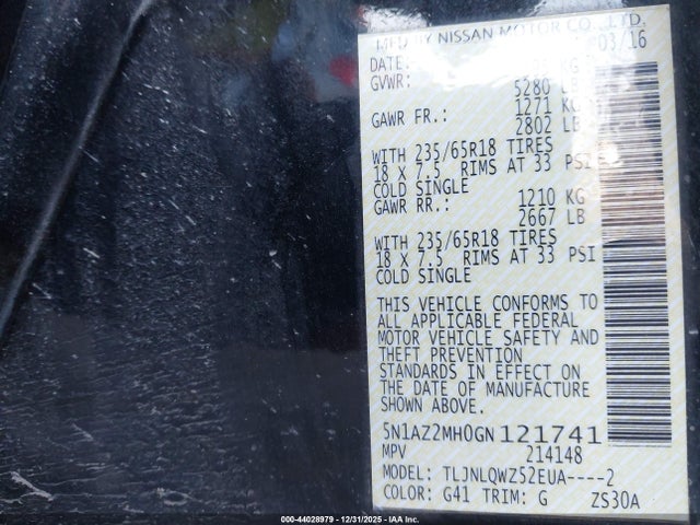 5N1AZ2MH0GN121741 Nissan Murano Platinum/s/sl/sv