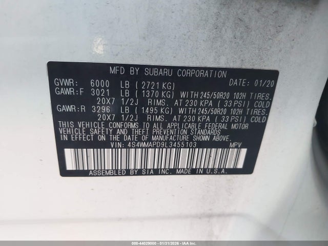 Aukcja sprzedaży 2020 Subaru Ascent Limited, vin: 4S4WMAPD9L3455103, numer aukcji: 44029000