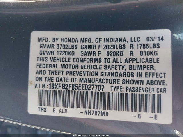 Honda CIVIC EX 2014 19XFB2F85EE027707 Image 9