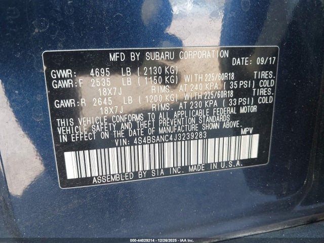 Продажа на аукционе авто 2018 Subaru Outback 2.5i Limited, vin: 4S4BSANC4J3239283, номер лота: 44029214
