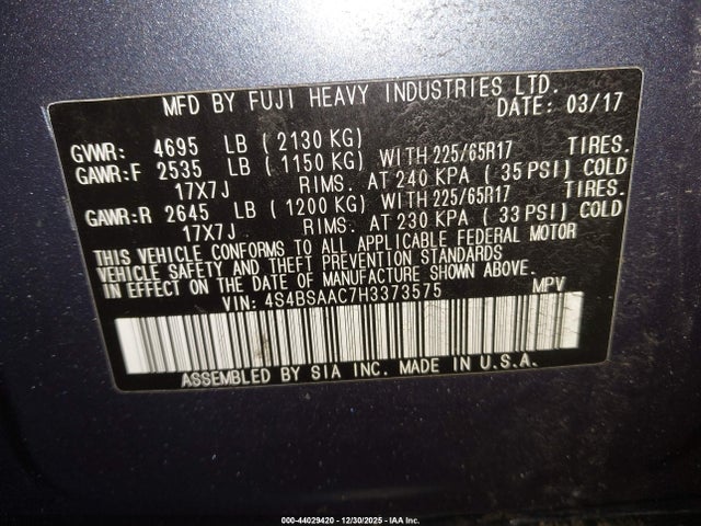 44029420 :رقم المزاد ، 4S4BSAAC7H3373575 vin ، 2017 Subaru Outback 2.5i مزاد بيع