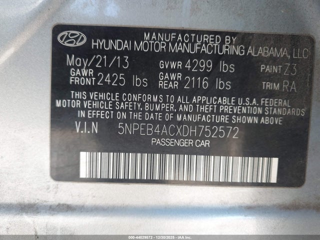 2013 Hyundai Sonata Gls მანქანა იყიდება აუქციონზე, vin: 5NPEB4ACXDH752572, აუქციონის ნომერი: 44029572