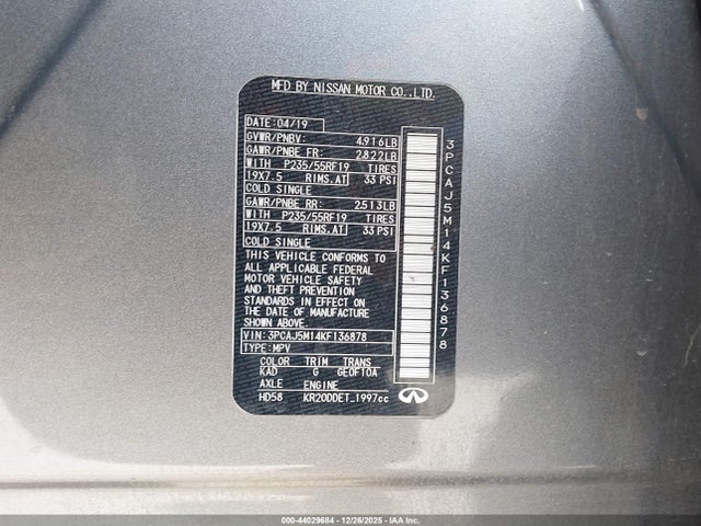 3PCAJ5M14KF136878 Infiniti Qx50 Luxe