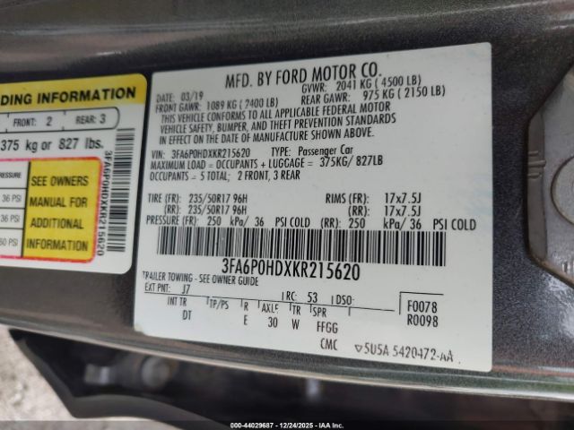 2019 FORD FUSION 3FA6P0HDXKR215620 Photo 8