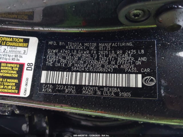 Aukcja sprzedaży 2025 Lexus Es 300h, vin: 58ADA1C15SU069243, numer aukcji: 44029710