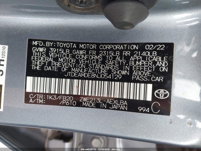 JTDEAMDE8NJ054129 Toyota Corolla Hybrid Le
