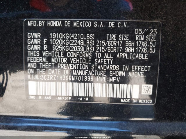 3CZRZ1H39RM701898 Honda Hr-v 2wd Lx