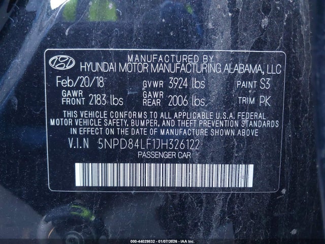 44029832 :رقم المزاد ، 5NPD84LF1JH326122 vin ، 2018 Hyundai Elantra Sel مزاد بيع