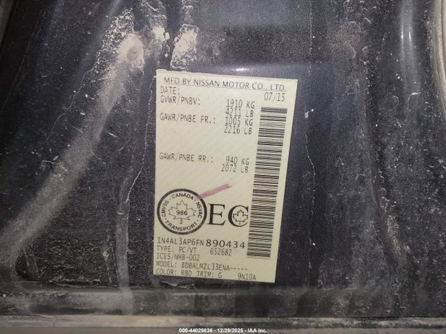 1N4AL3AP6FN890434 Nissan Altima 2.5/2.5 S/2.5 Sl/2.5 Sv